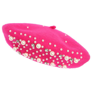 Fashionable Embellished Pearl and Rhinestone Beret