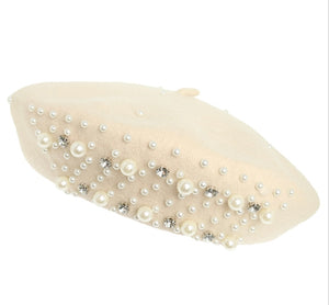 Fashionable Embellished Pearl and Rhinestone Beret