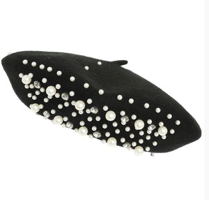 Fashionable Embellished Pearl and Rhinestone Beret