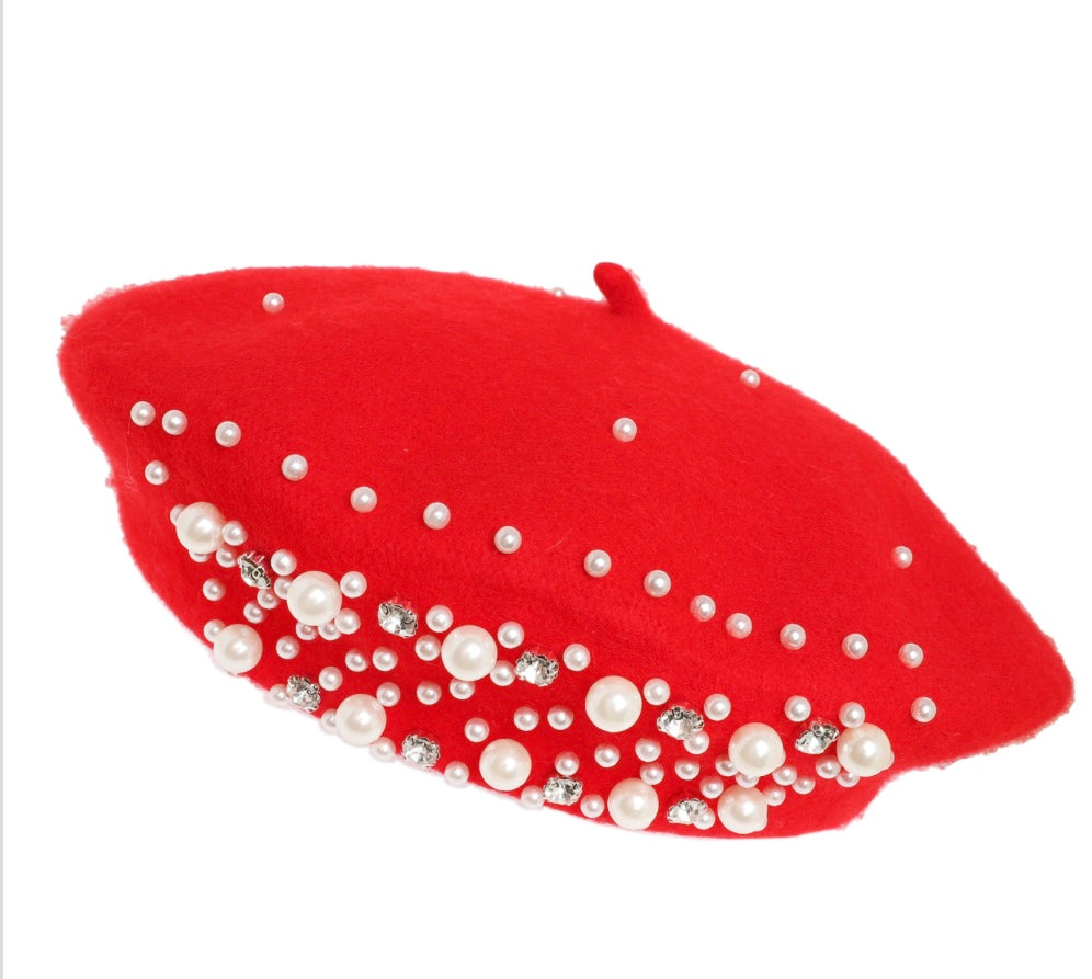 Fashionable Embellished Pearl and Rhinestone Beret